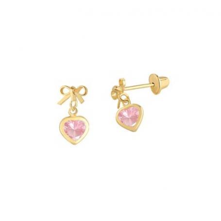 Brinco Infantil Laço Coração Zircônia Rosa Ouro 18K - VJBR185-P - oticasvitoria